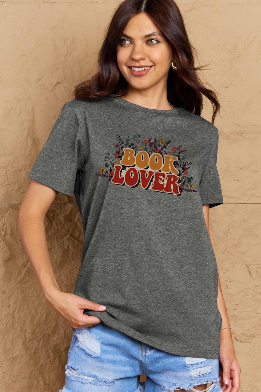 Simply Love Full Size BOOK LOVER Graphic Cotton Tee – Charcoal Women's Top for Shopify Collective (10 view)