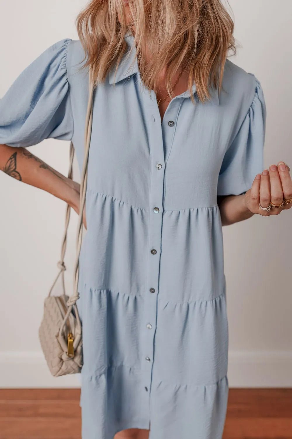 Button Up Puff Sleeve Tiered Shirt Dress – Light Blue by Simply Love