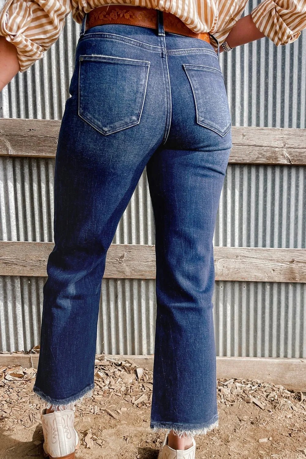 Mineral Wash Raw Hem High Waist Flared Jeans – Navy for Shopify Collective (3 view)
