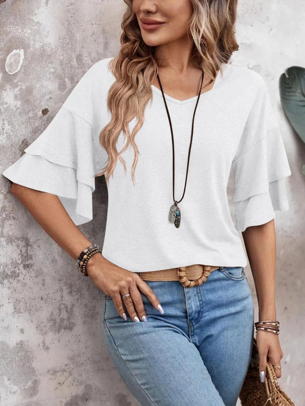 V - Neck Half Sleeve Blouse – White for Shopify Collective (16 view)