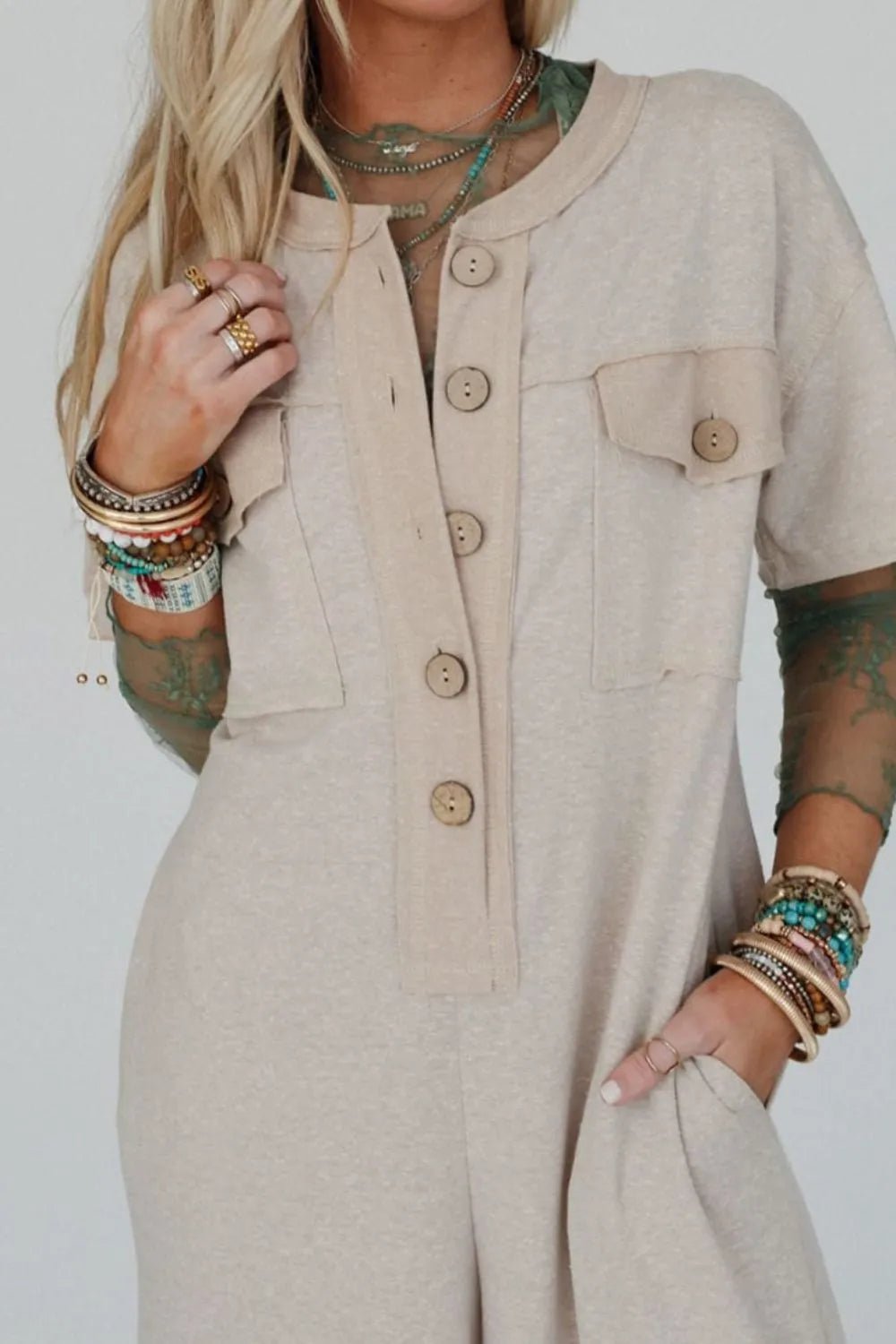 Pocket Front Short Sleeve Wide Leg Jumpsuit – Beige for Shopify Collective (5 view)