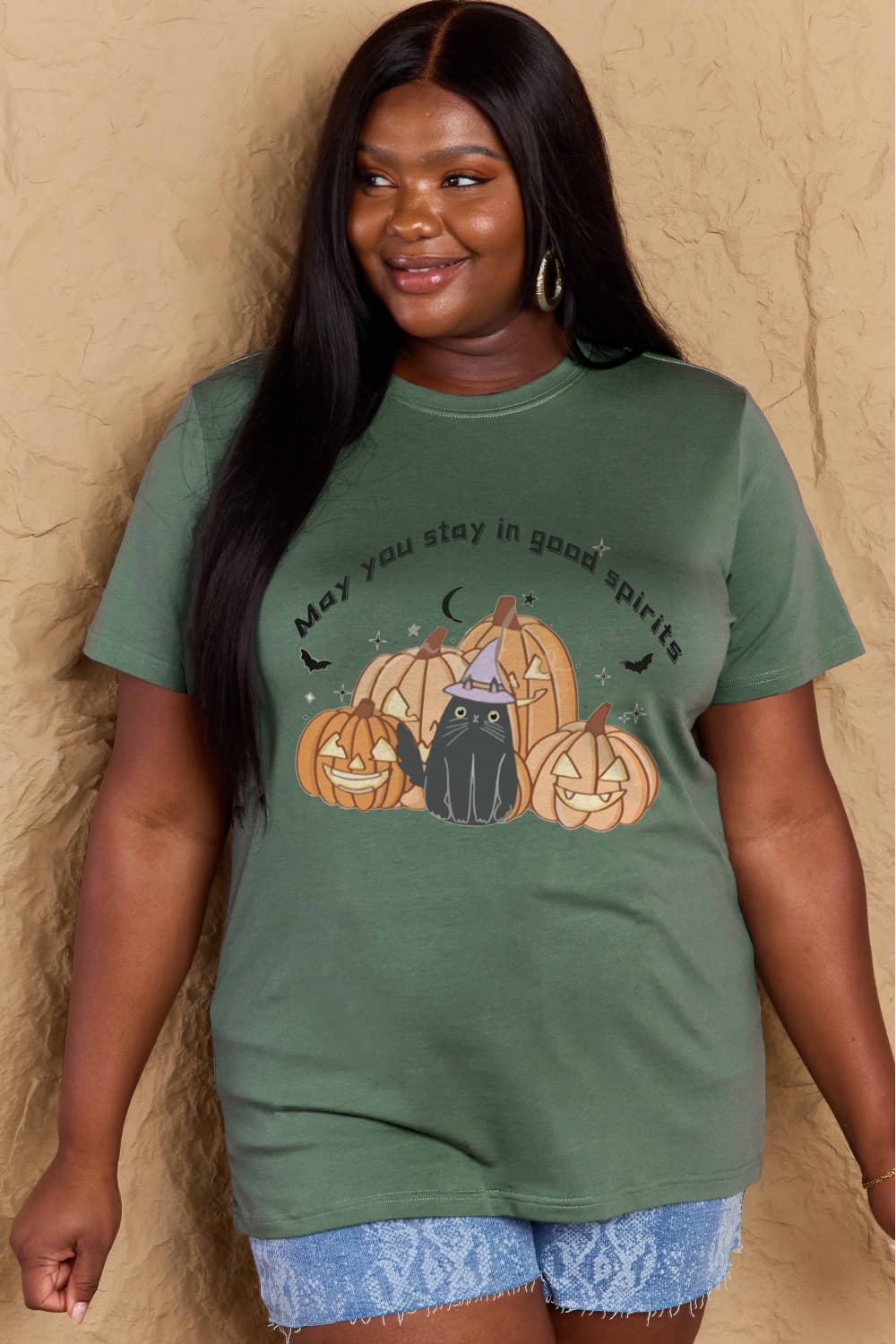 Simply Love Full Size MAY YOU STAY IN GOOD SPIRITS Graphic Cotton T-Shirt – Green Women's Top for Shopify Collective (26 view)