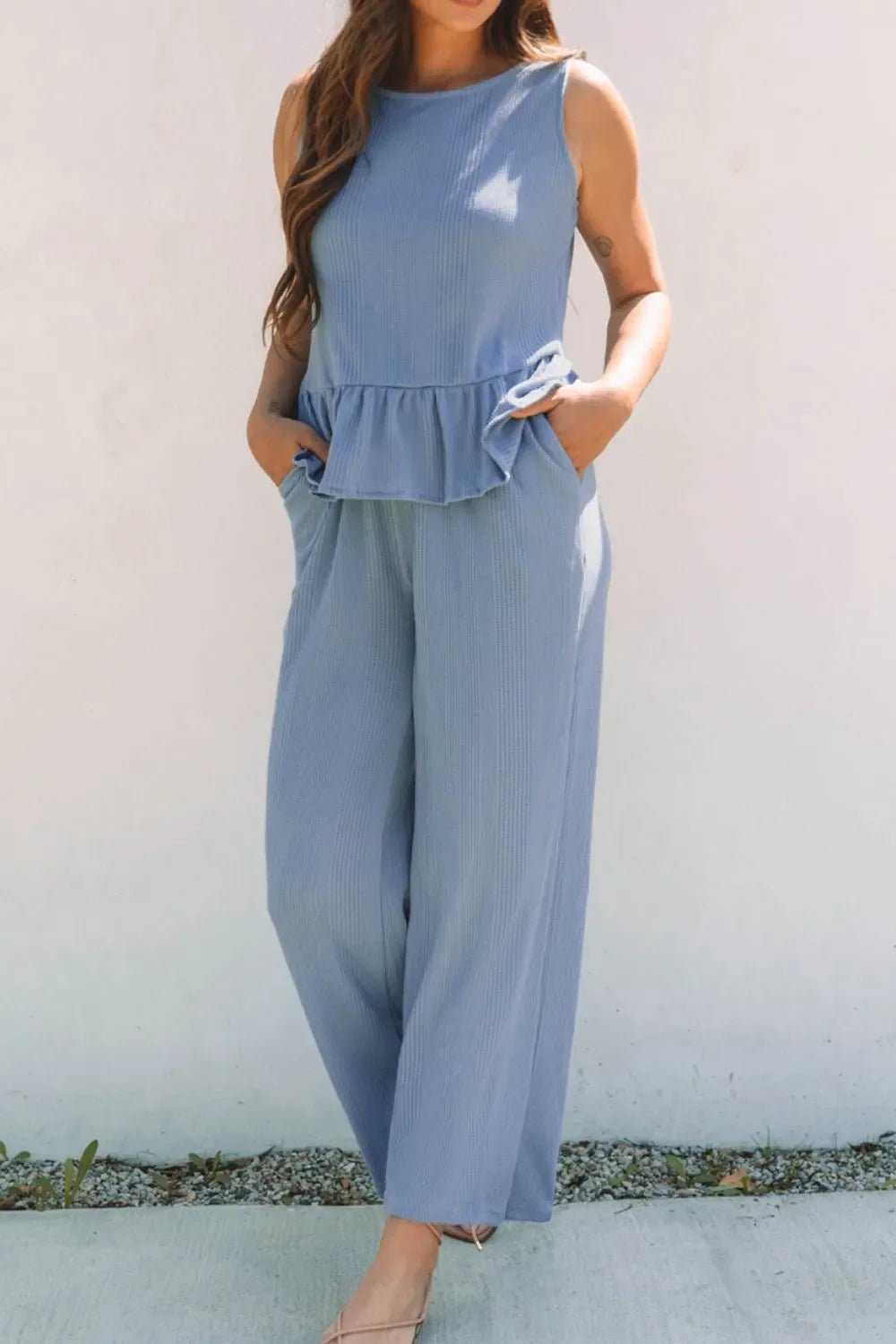 Color Ribbed Ruffle Tank Top and Pants Set – Dusty Blue for Shopify Collective (3 view)