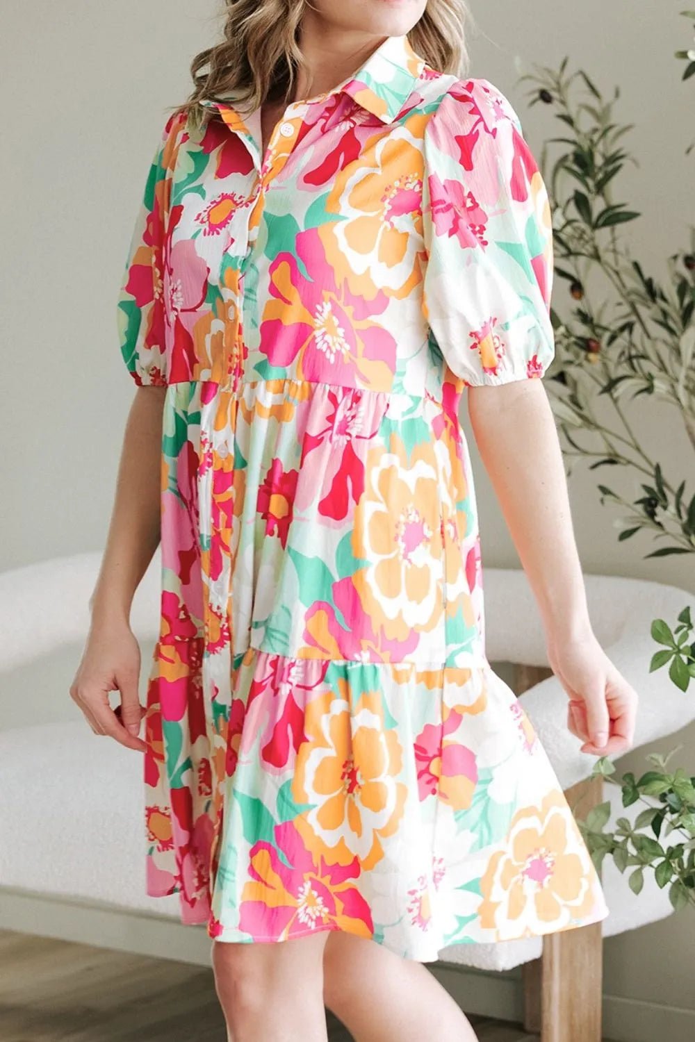 Button Down Floral Puff Sleeve Babydoll Dress – Strawberry for Shopify Collective (3 view)