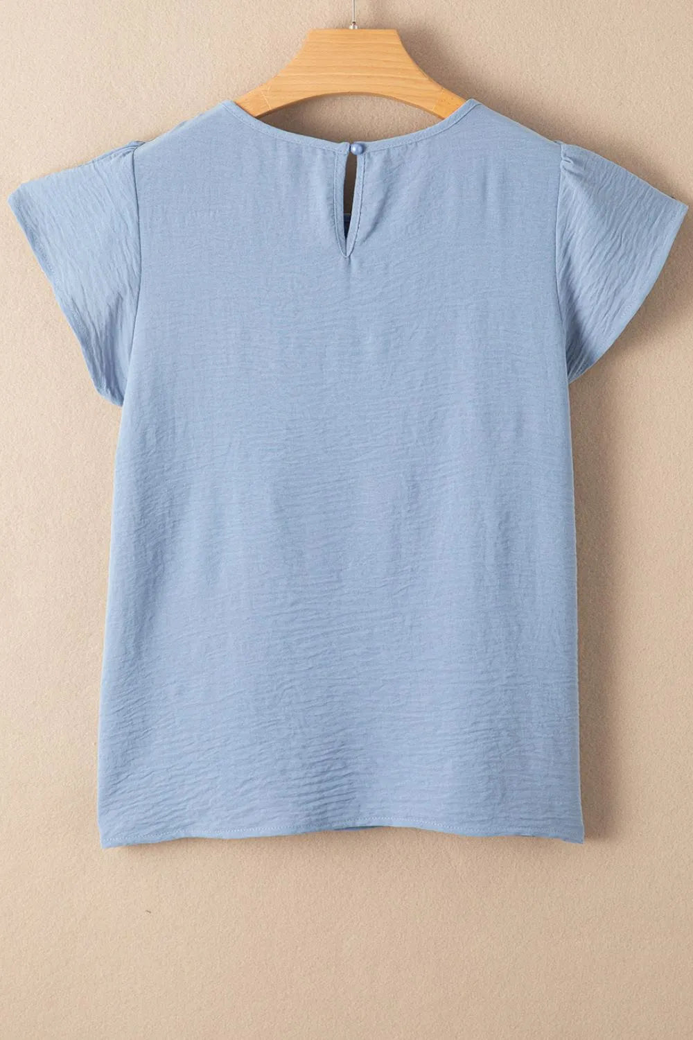 Solid Color Flounce Sleeve Pleated Round Neck Blouse – Light Blue by Simply Love