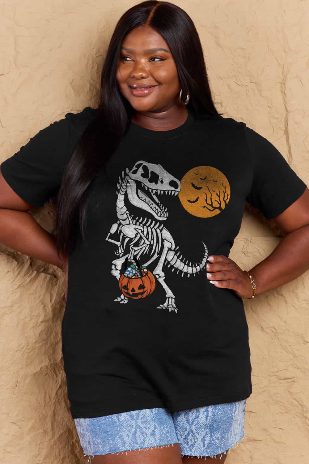 Simply Love Full Size Dinosaur Skeleton Graphic Cotton Tee – Black Women's Top for Shopify Collective (5 view)