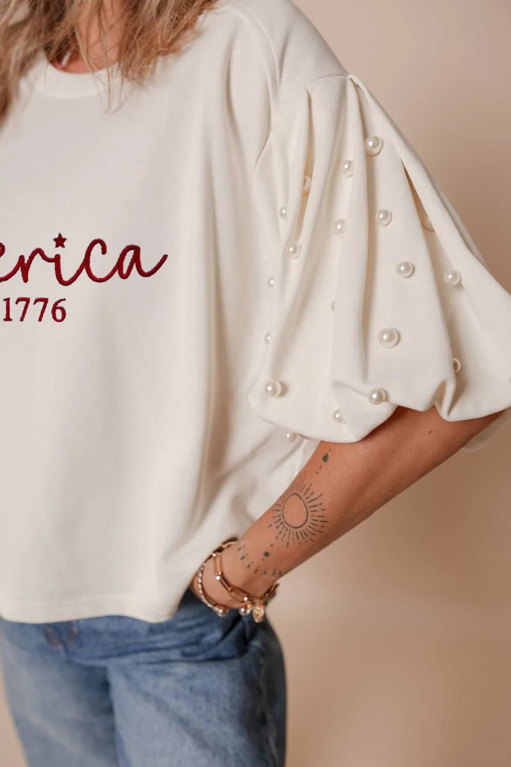 AMERICA EST 1776 Embroidered Pearl Beaded Sleeve T Shirt – White for Shopify Collective (6 view)