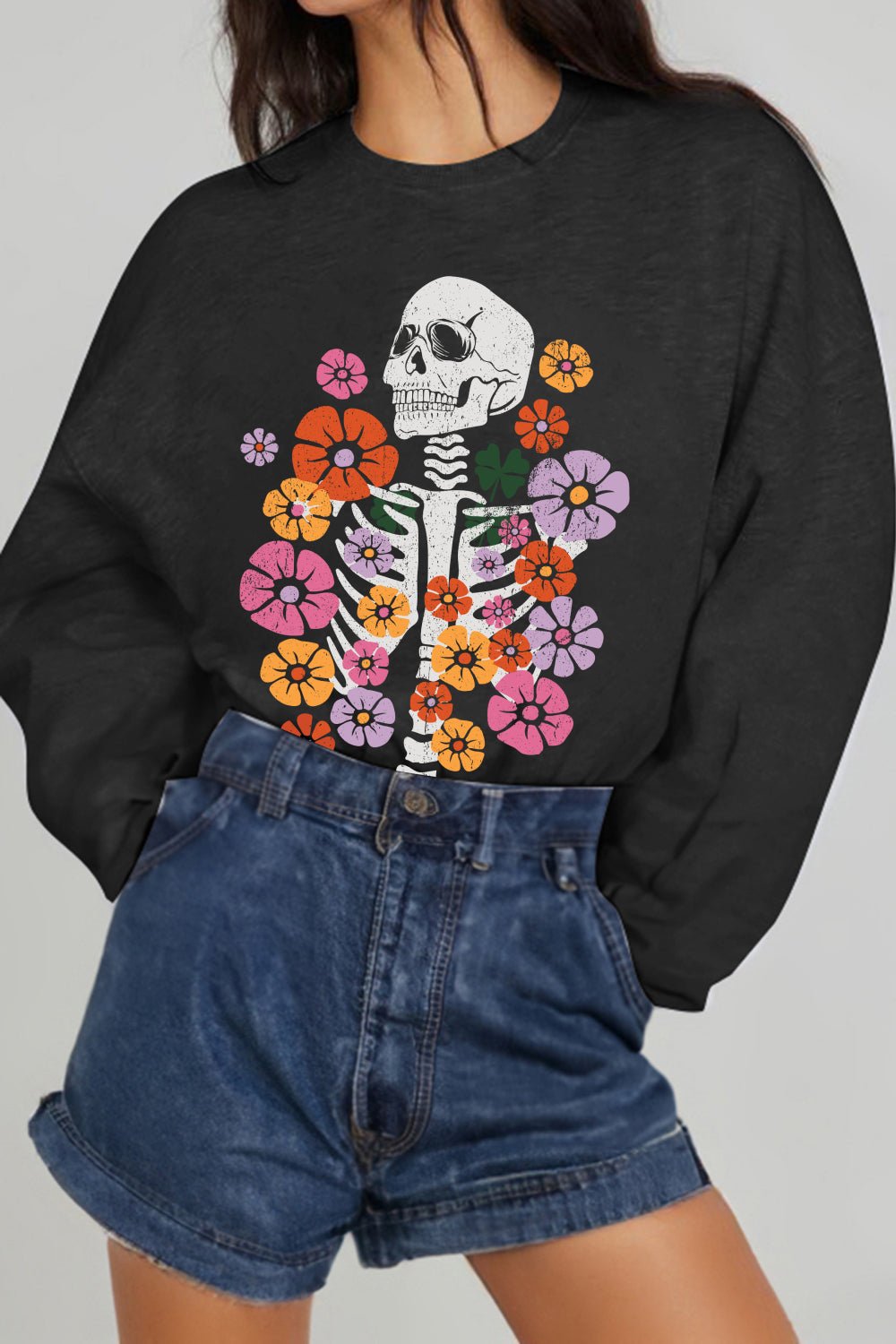 Simply Love Full Size Flower Skeleton Graphic Sweatshirt – Black Sweatshirts for Shopify Collective (3 view)