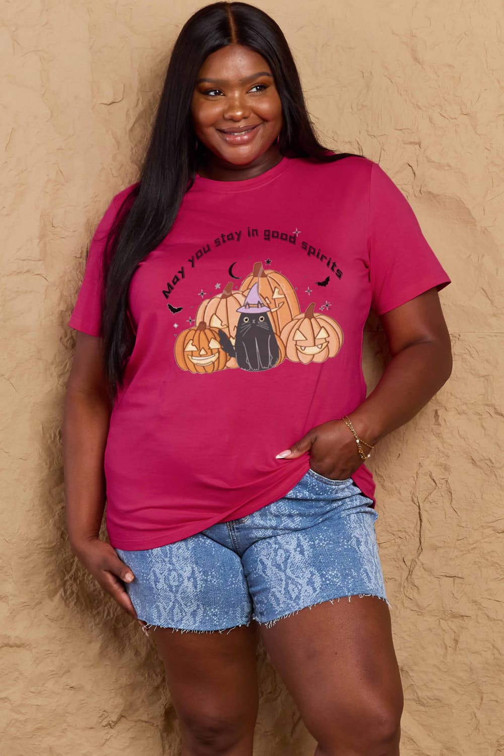 Simply Love Full Size MAY YOU STAY IN GOOD SPIRITS Graphic Cotton T-Shirt – Deep Rose Women's Top for Shopify Collective (14 view)