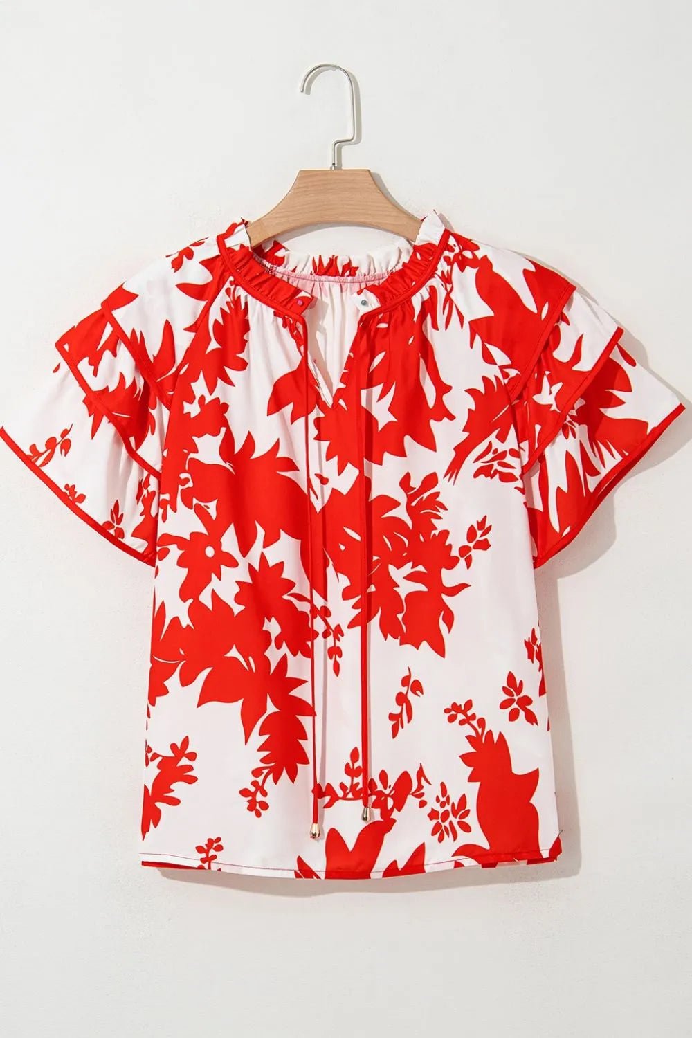 Plant Print Tiered Ruffled Sleeve Tie Neck Blouse – Red for Shopify Collective (7 view)