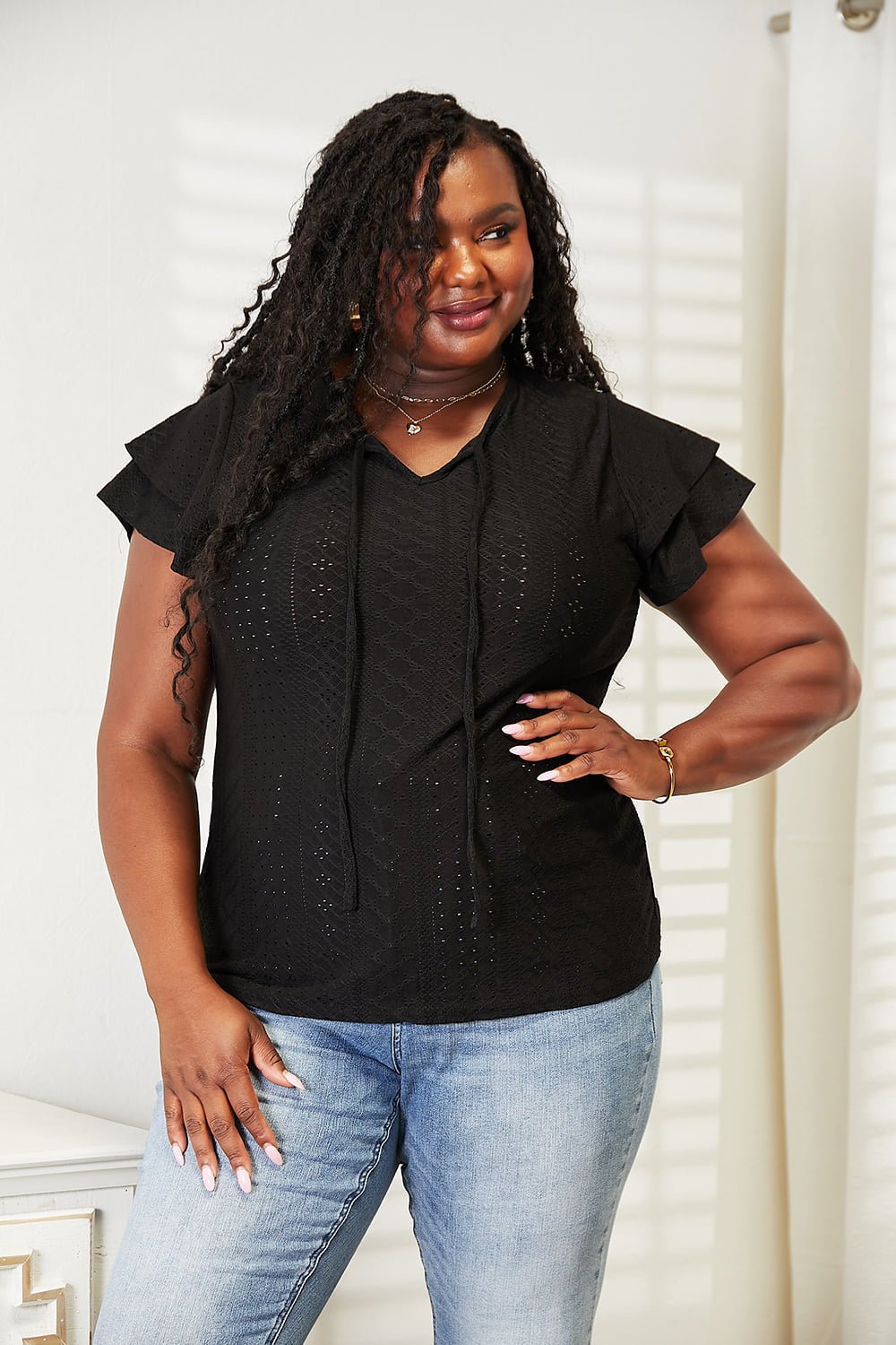 Double Take Eyelet Tie - Neck Flutter Sleeve Blouse – Black for Double Take (5 view)