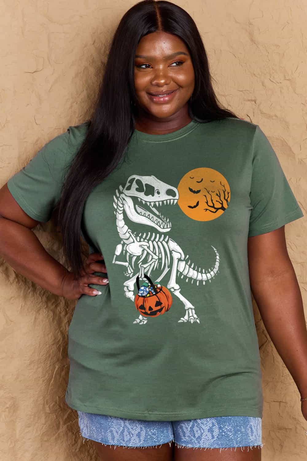 Simply Love Full Size Dinosaur Skeleton Graphic Cotton Tee – Green Women's Top for Shopify Collective (16 view)