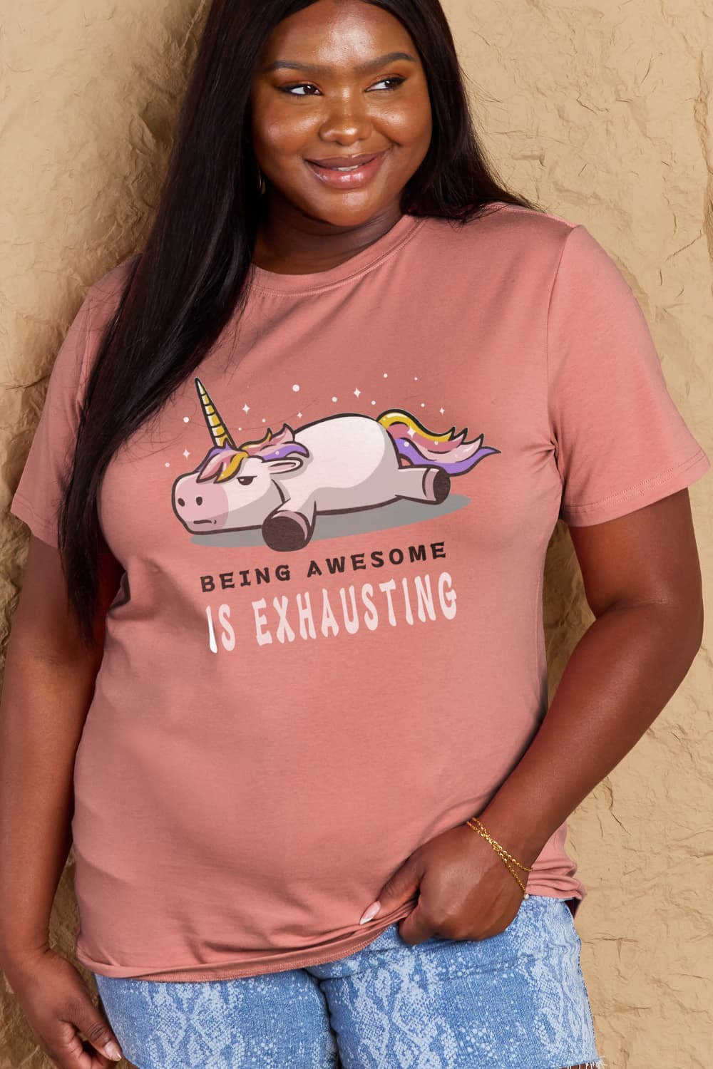Simply Love Full Size BEING AWESOME IS EXHAUSTING Graphic Cotton Tee – Dusty Pink Women's Top for Shopify Collective (10 view)