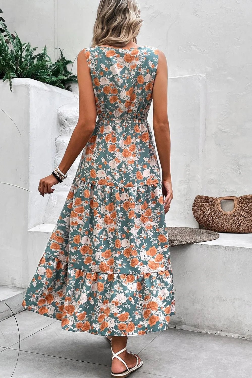 Floral Print Trimmed V Neck Tie Waist Sleeveless Dress – Floral for Shopify Collective (2 view)
