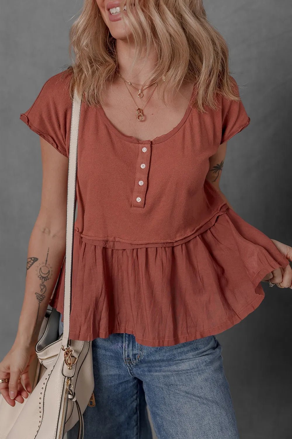 Short Sleeve U Neck Buttons Splicing Ruffle Blouse – Terracotta for Best Sellers (3 view)