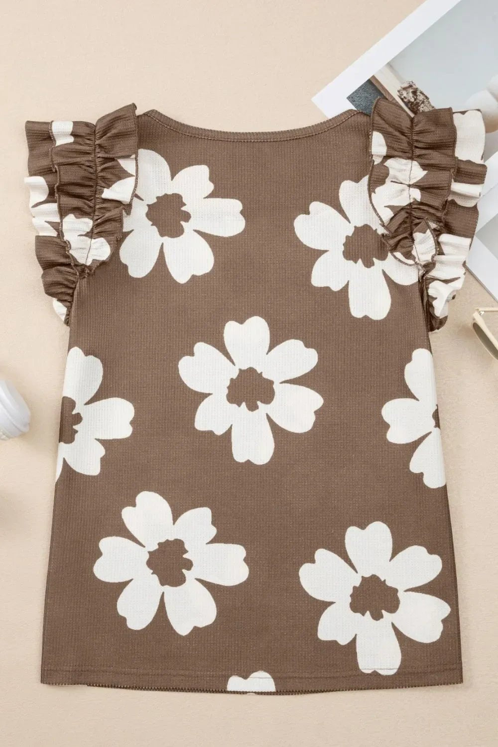 Floral Textured Ruffled Cap Sleeve Blouse – Taupe for Shopify Collective (5 view)