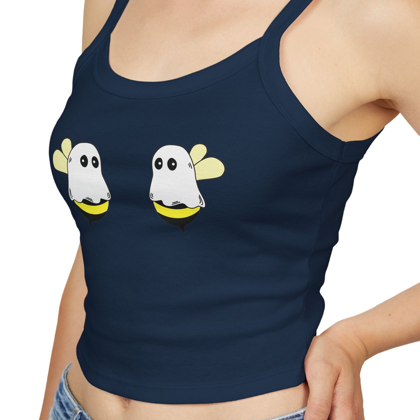 Navy blue tank top with cartoon ghost design on a white background