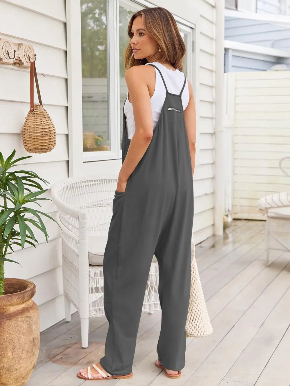 V - Neck Spaghetti Strap Jumpsuit – Dark Gray by Simply Love