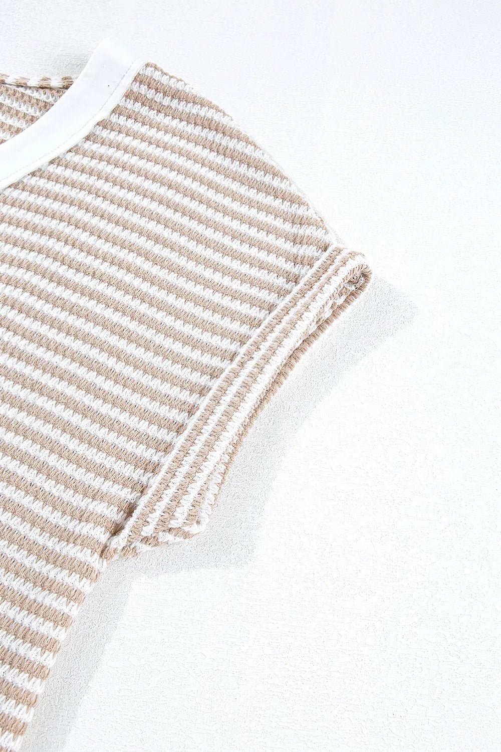Stripe Buttoned Front V Neck T Shirt – Khaki by Simply Love