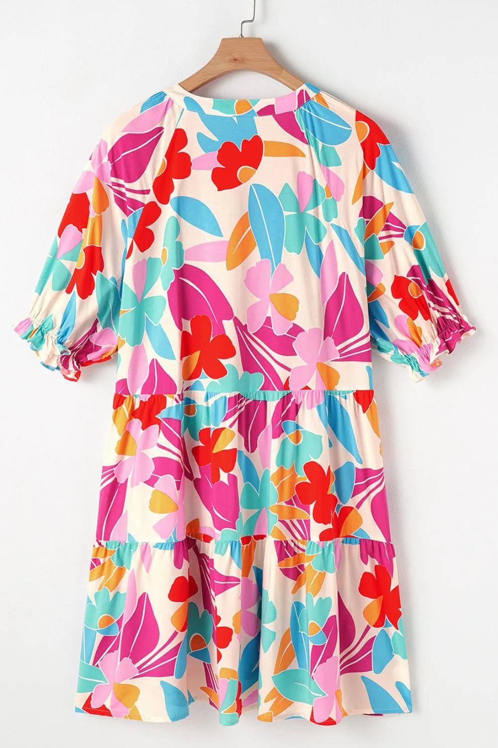 Floral Bubble Sleeve V Neck Tiered Ruffle Babydoll Dress – Floral by Simply Love