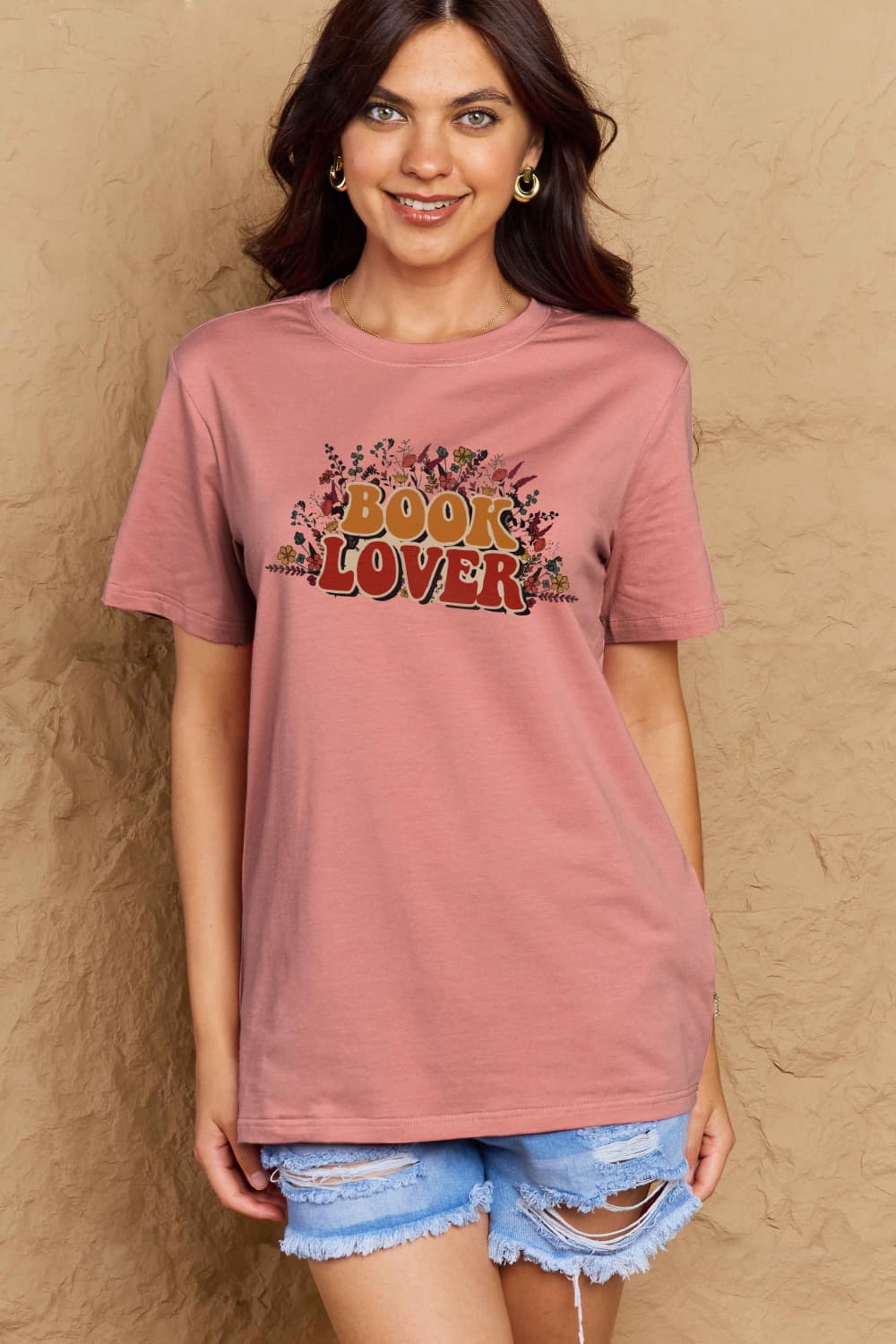 Simply Love Full Size BOOK LOVER Graphic Cotton Tee – Dusty Pink Women's Top for Shopify Collective (4 view)