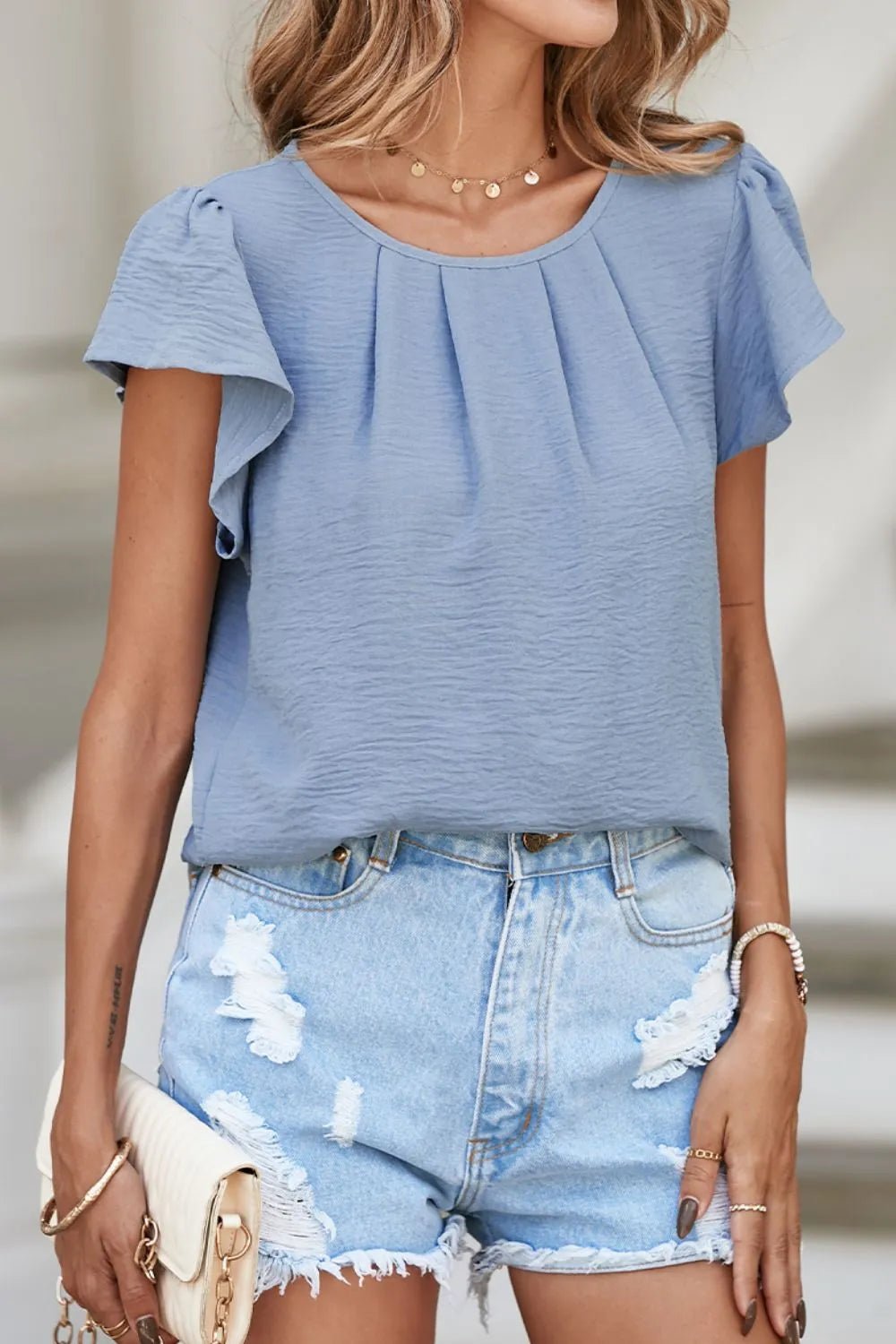 Solid Color Flounce Sleeve Pleated Round Neck Blouse – Light Blue by Simply Love