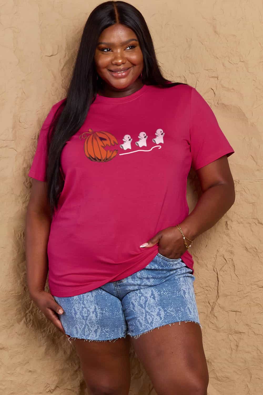 Simply Love Full Size Jack - O' - Lantern Graphic Cotton Tee – Deep Rose Women's Top for Shopify Collective (23 view)