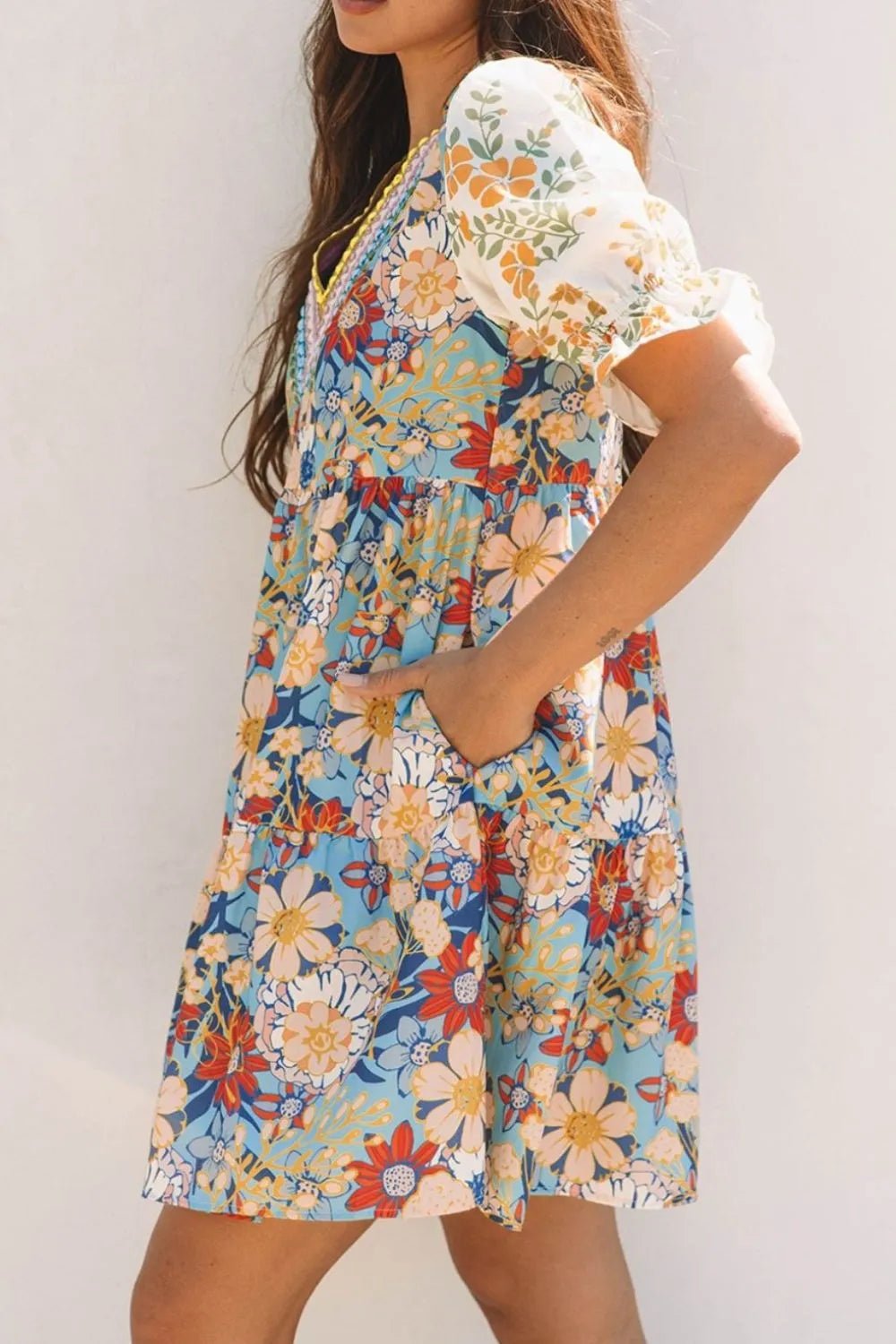 Printed Notched Flounce Sleeve Mini Dress – Floral for Shopify Collective (4 view)