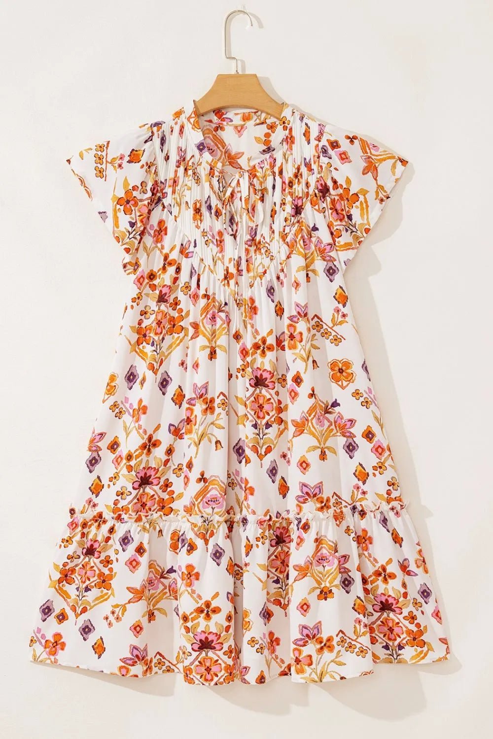 Printed Tie Neck Cap Sleeve Mini Dress – Floral for Shopify Collective (7 view)