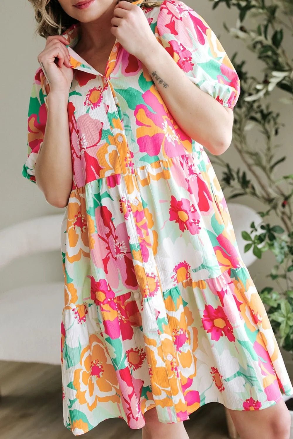 Button Down Floral Puff Sleeve Babydoll Dress – Strawberry for Shopify Collective (5 view)