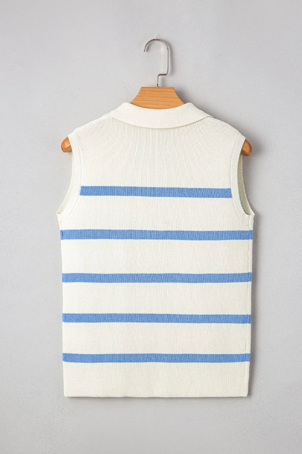 Stripe Split V Neck Collared Ribbed Sweater Vest – White by Simply Love