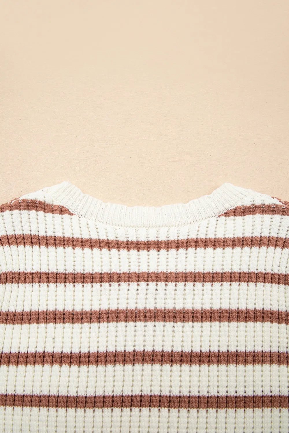 Stripe Scalloped Round Neck Short Sleeve Sweater – Caramel by Simply Love
