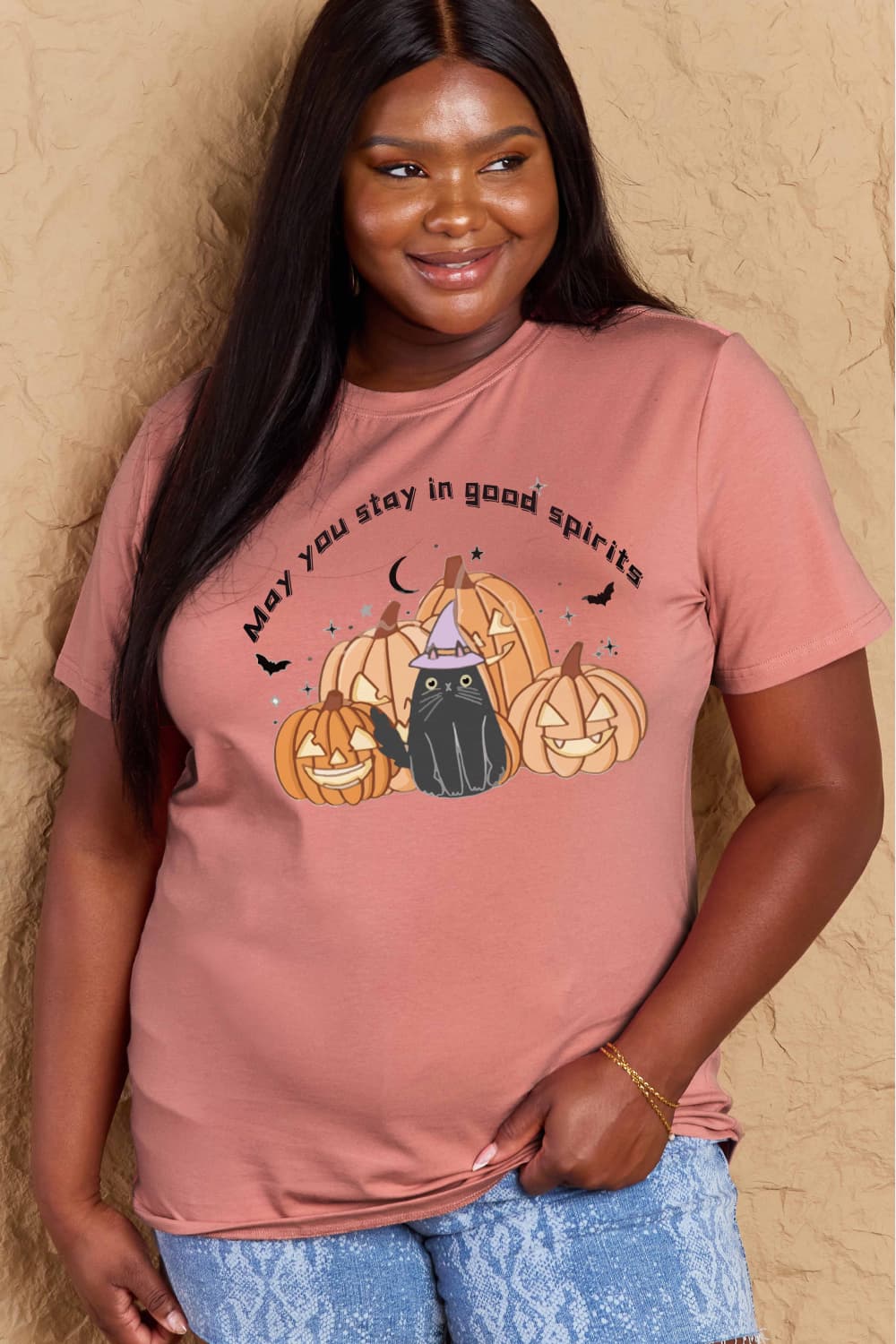 Simply Love Full Size MAY YOU STAY IN GOOD SPIRITS Graphic Cotton T-Shirt – Dusty Pink Women's Top for Shopify Collective (19 view)