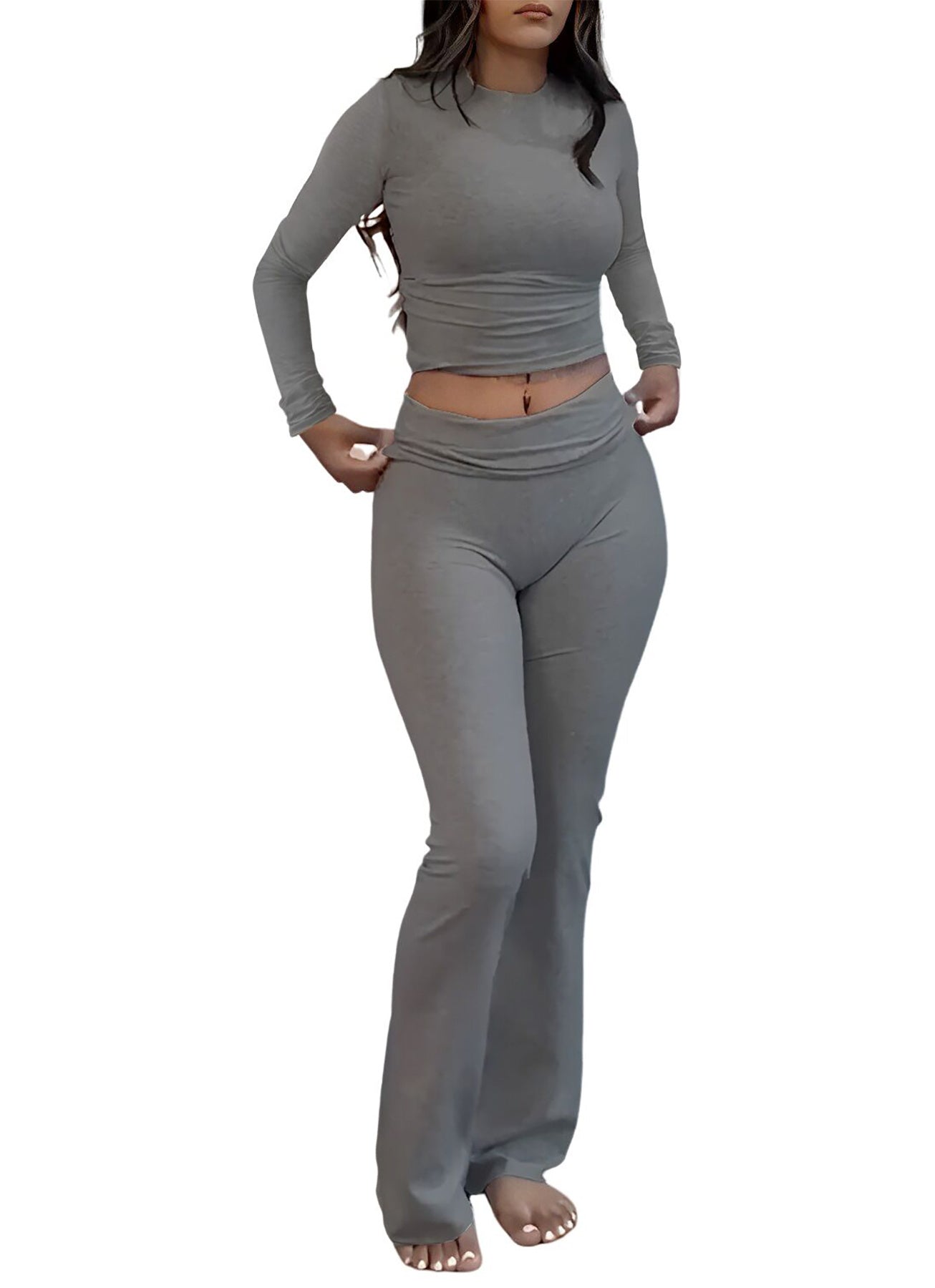 Women’s 2 - Piece Lounge Set – Flared Pants & Long Sleeve Top | Trendy Streetwear & Athleisure – Dark Grey Leisure wear
