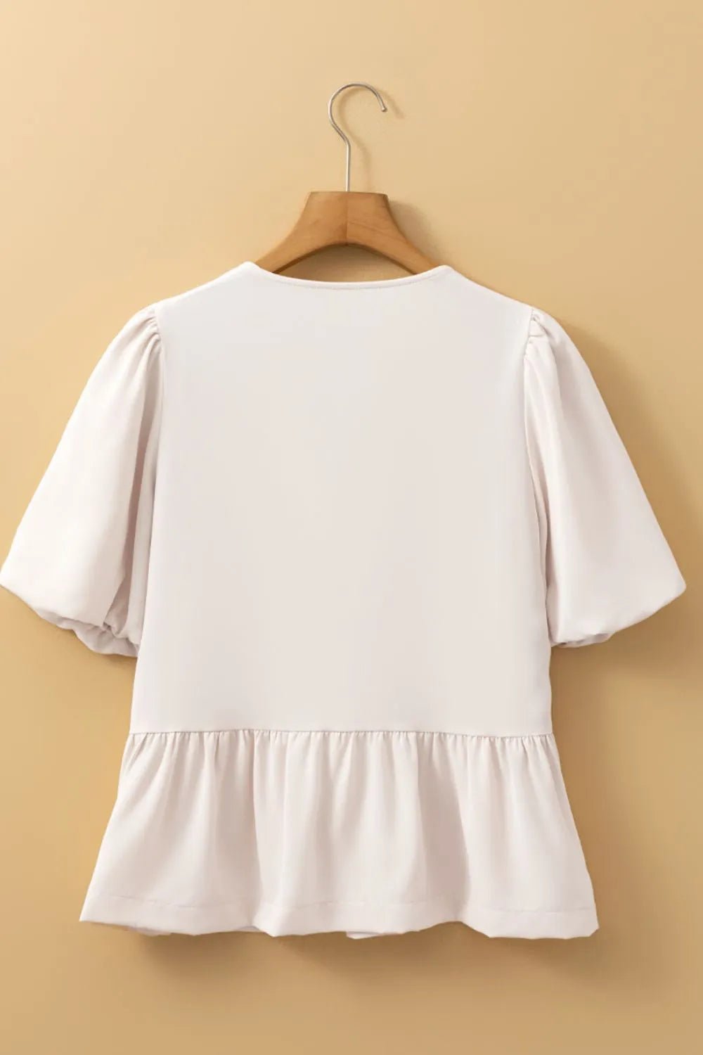 Bow Tie Short Puff Sleeve Ruffle Hem Blouse – Eggshell for Shopify Collective (5 view)