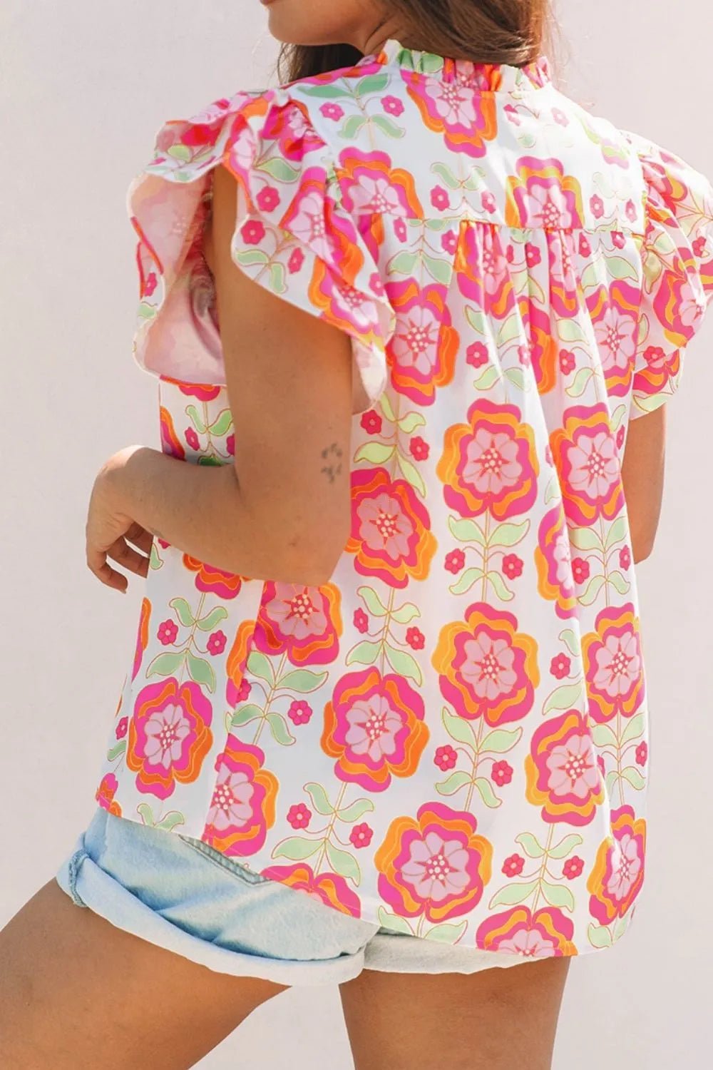 Floral Ruffled Sleeve Ric - Rac Trim Split Neck Loose Blouse – Floral by Simply Love