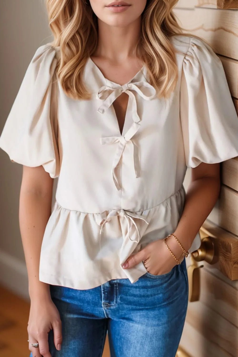 Bow Tie Short Puff Sleeve Ruffle Hem Blouse – Eggshell for Shopify Collective (1 view)