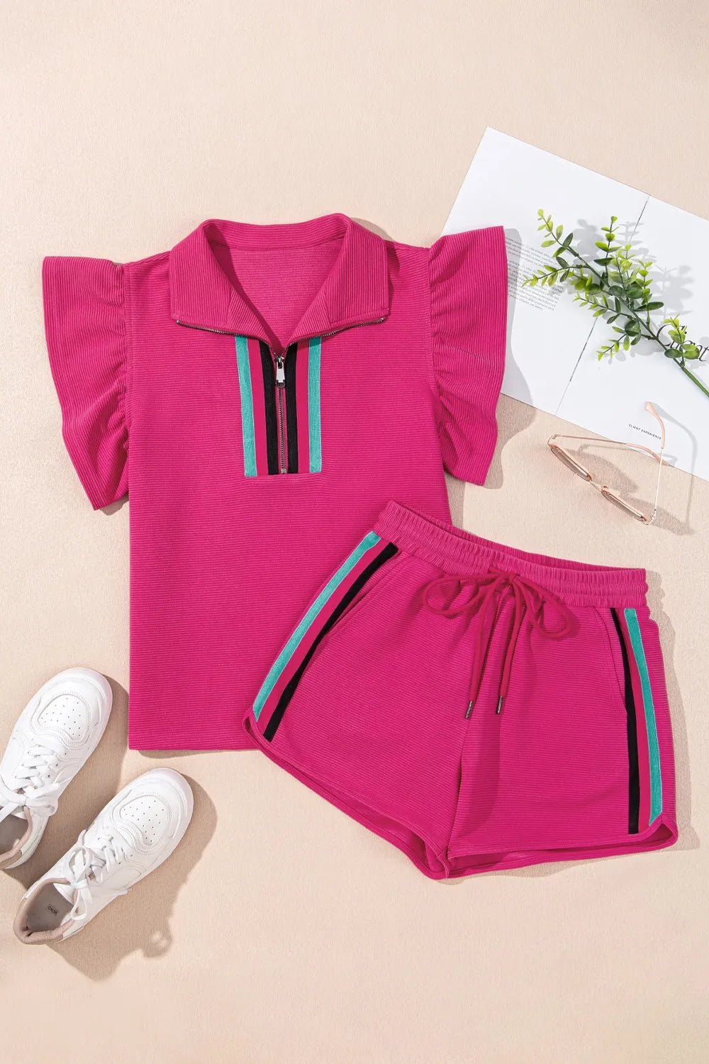 Striped Detail Flutter Sleeve Zipped Collar Top and Short Set – Hot Pink for Shopify Collective (3 view)