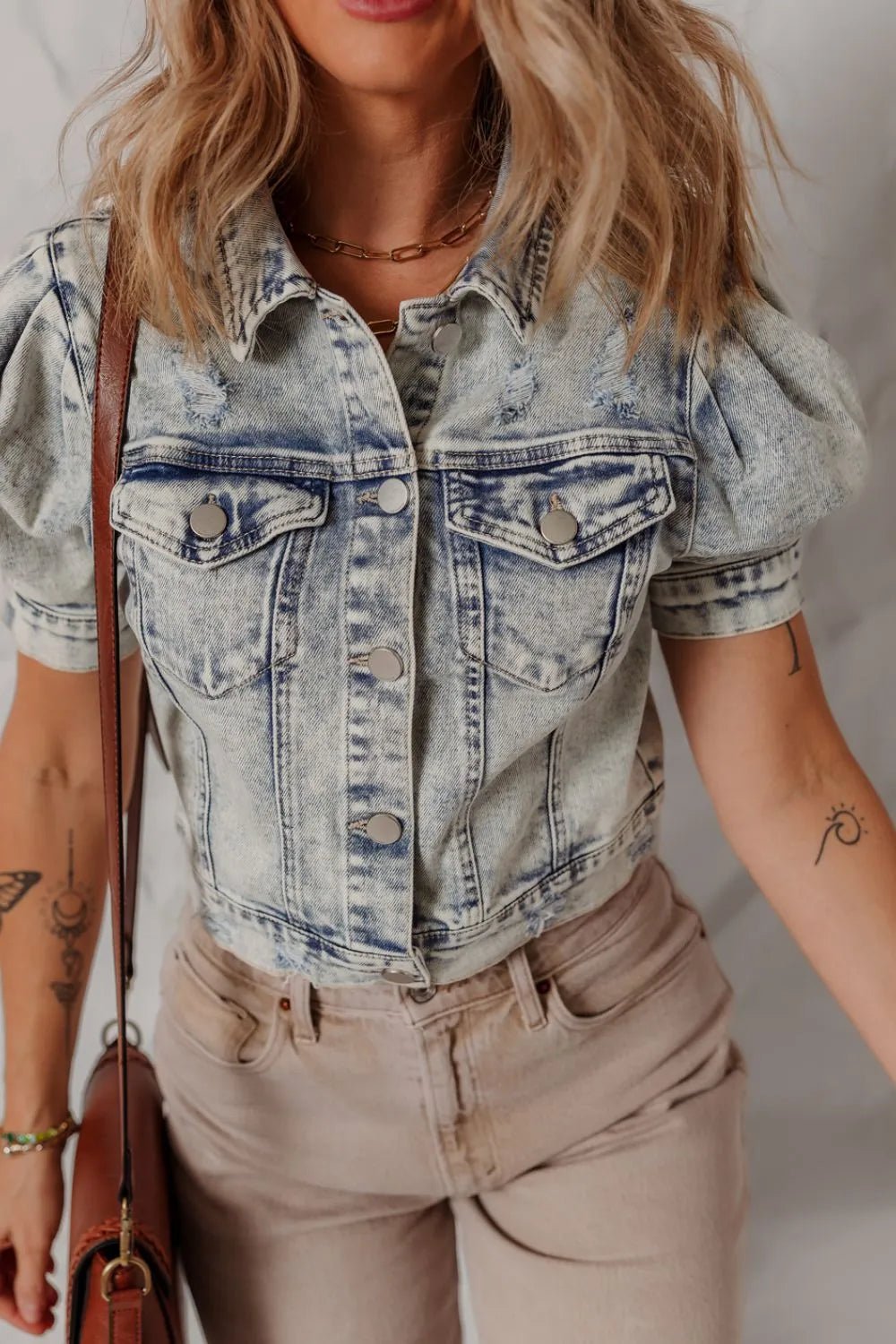 Wash Buttoned Chest Pocket Puff Sleeve Denim Jacket – Medium for Shopify Collective (5 view)