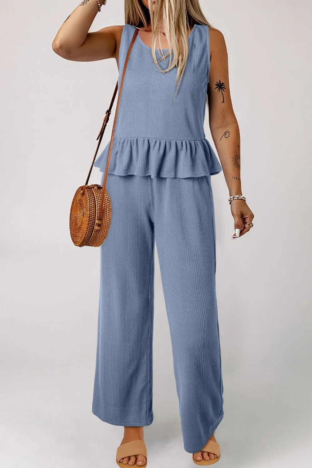 Color Ribbed Ruffle Tank Top and Pants Set – Dusty Blue for Shopify Collective (4 view)