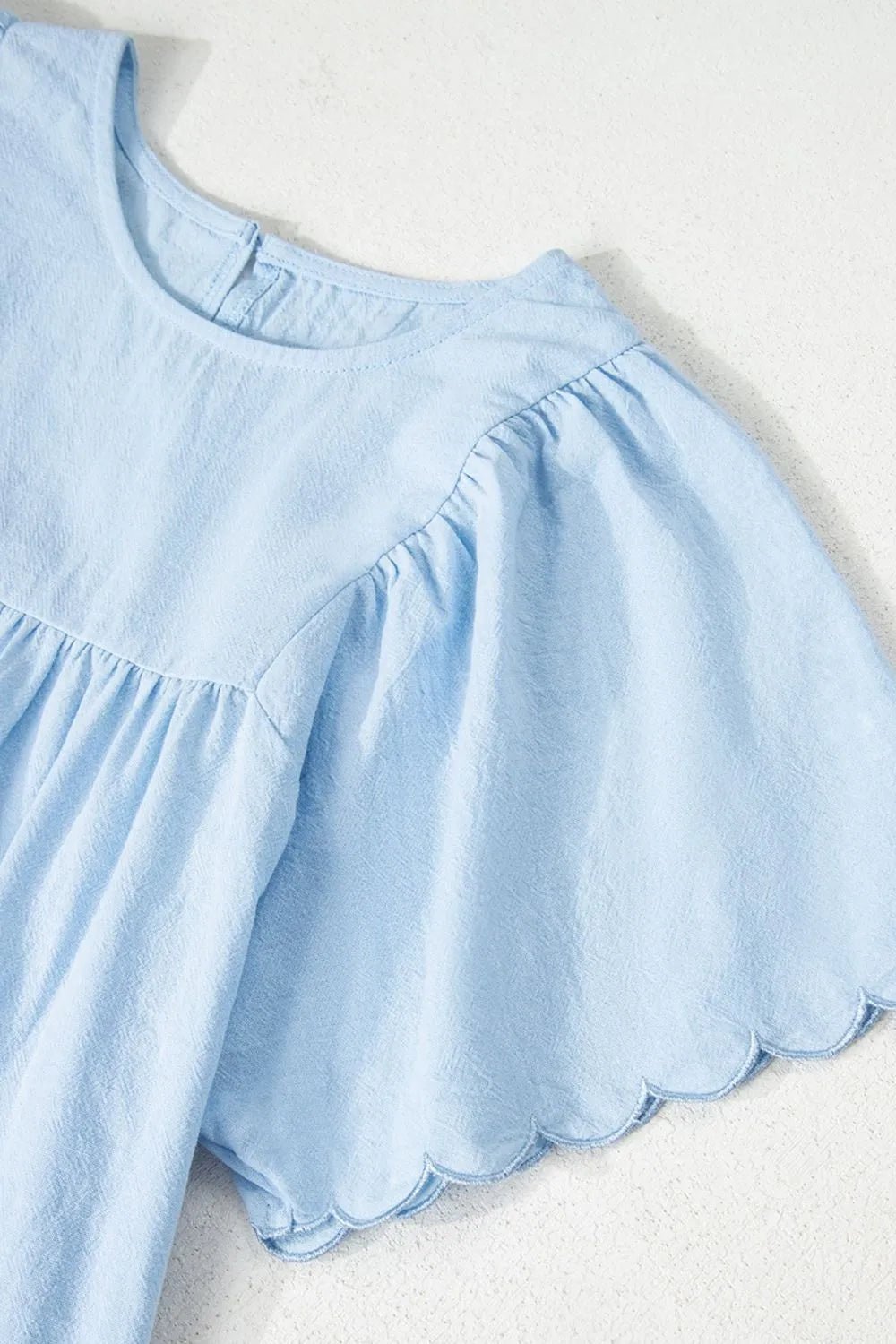 Solid Color Embroidered Scalloped Sleeves Crew Neck Blouse – Light Blue Women's Top for Shopify Collective (9 view)