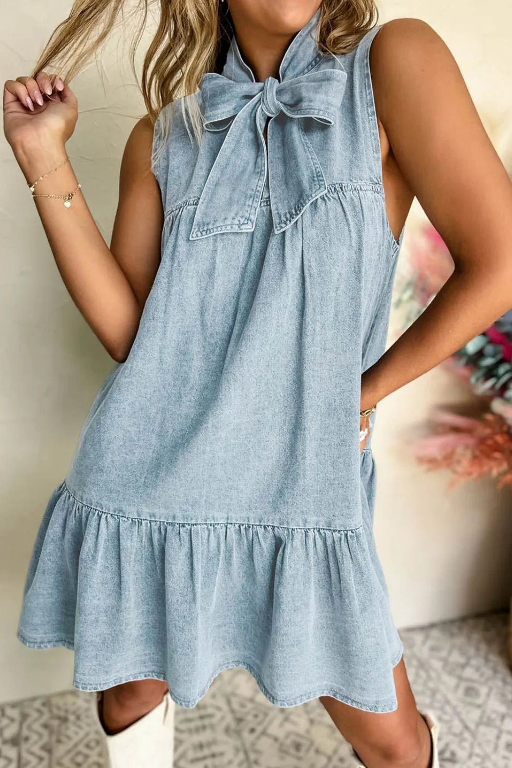 Tie Neck Sleeveless Denim Dress – Light Blue for Shopify Collective (1 view)