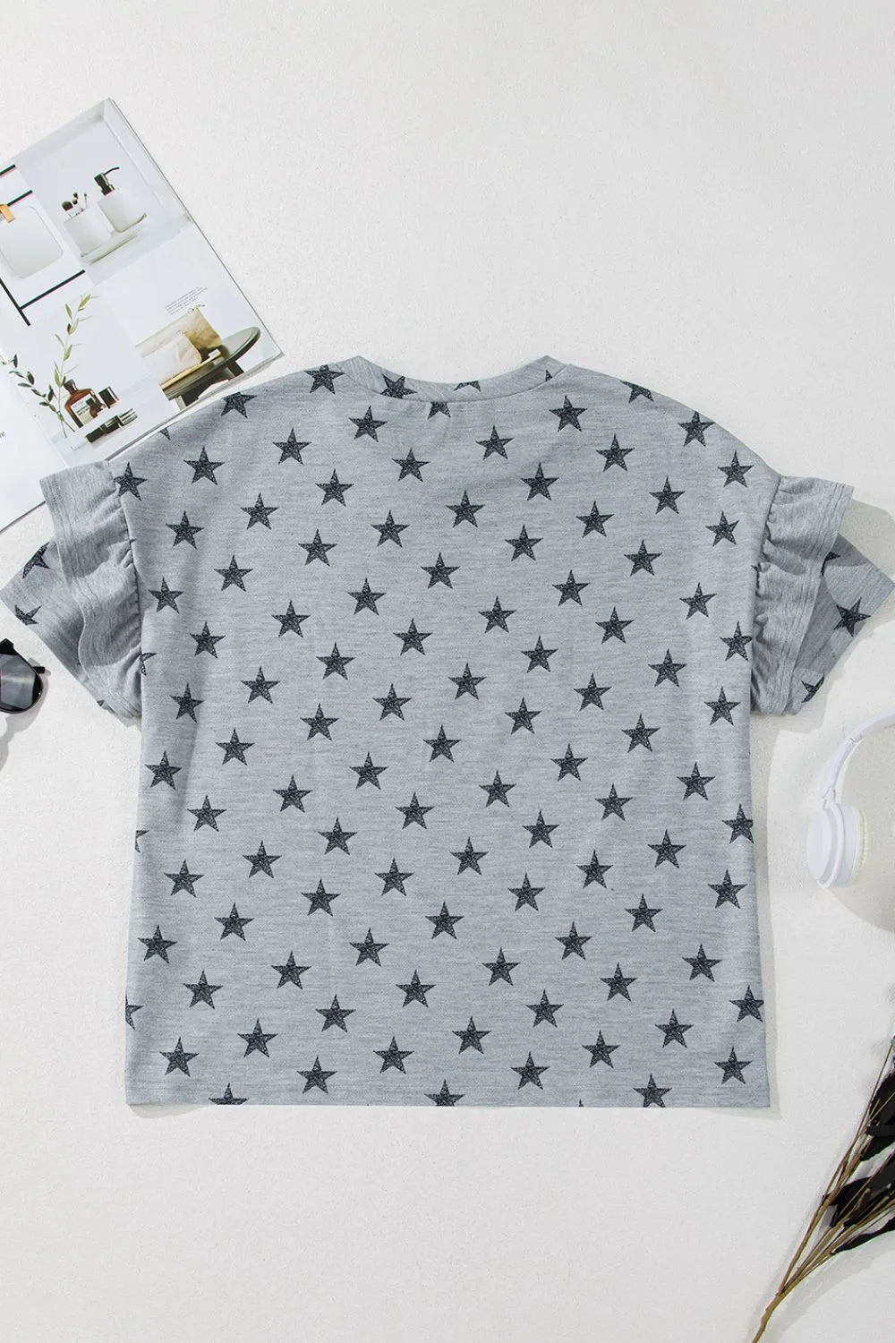 Star Print Tiered Ruffled Sleeve Crew Neck T Shirt – Gray by Simply Love