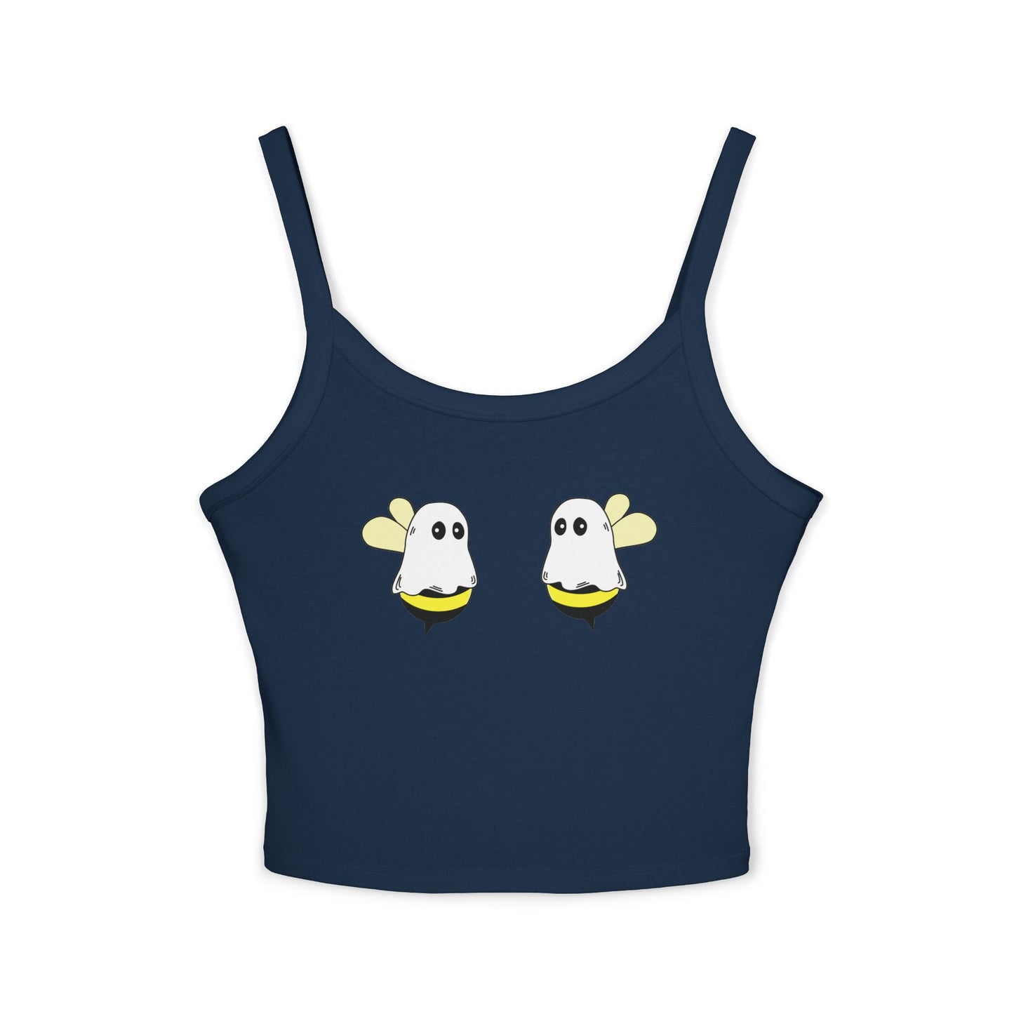 Navy blue tank top with ghost designs on a white background