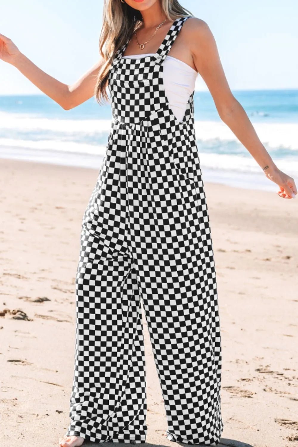 Checkered Print Pocketed Wide Leg Jumpsuit – Black for Shopify Collective (4 view)