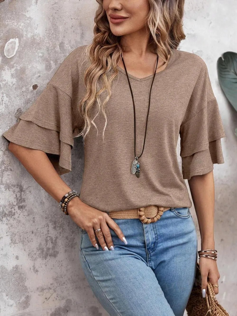 V - Neck Half Sleeve Blouse – Mocha for Shopify Collective (8 view)