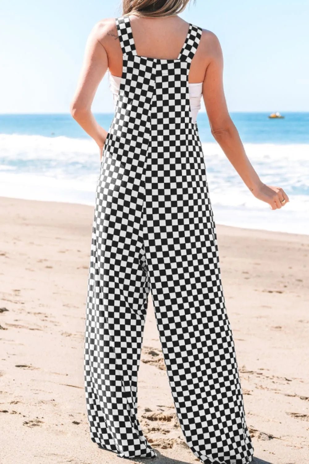 Checkered Print Pocketed Wide Leg Jumpsuit – Black for Shopify Collective (3 view)