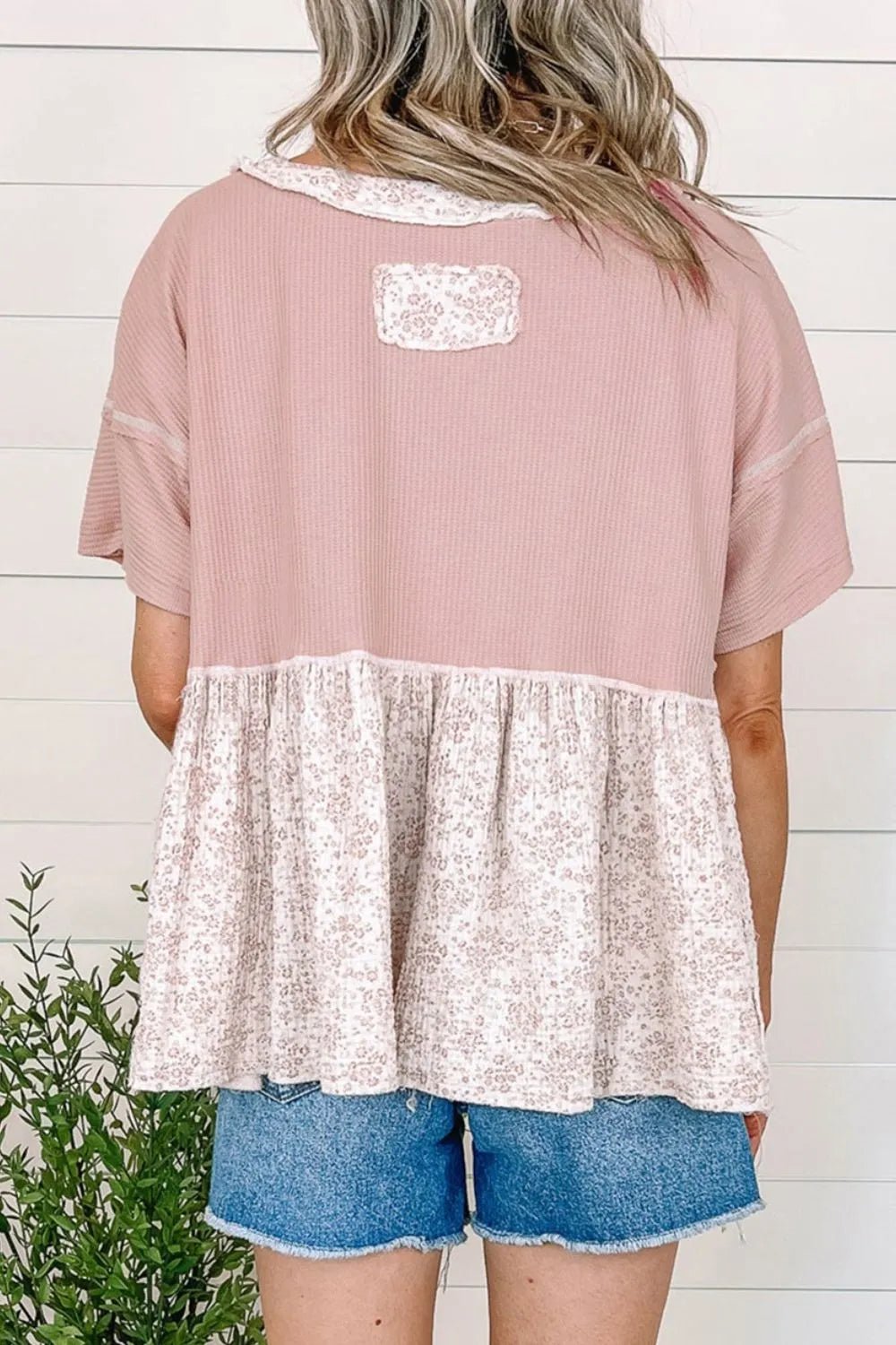 Waffle Floral Patchwork Exposed Seam Detail Short Sleeve Top – Dusty Pink for Shopify Collective (3 view)
