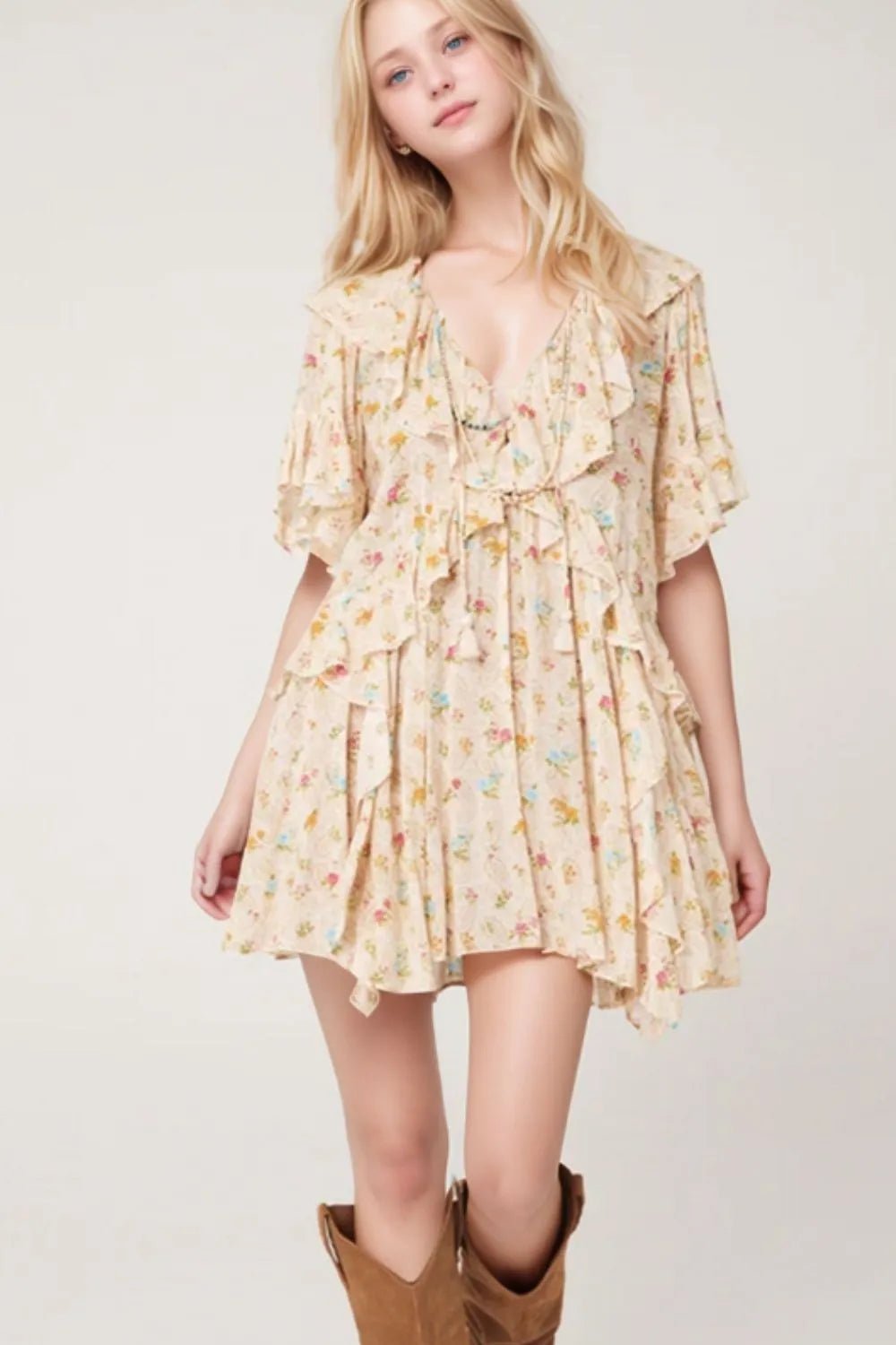 Boho Floral Tassel Tie V Neck Ruffle Wide Sleeve Mini Dress – Cream for Shopify Collective (1 view)