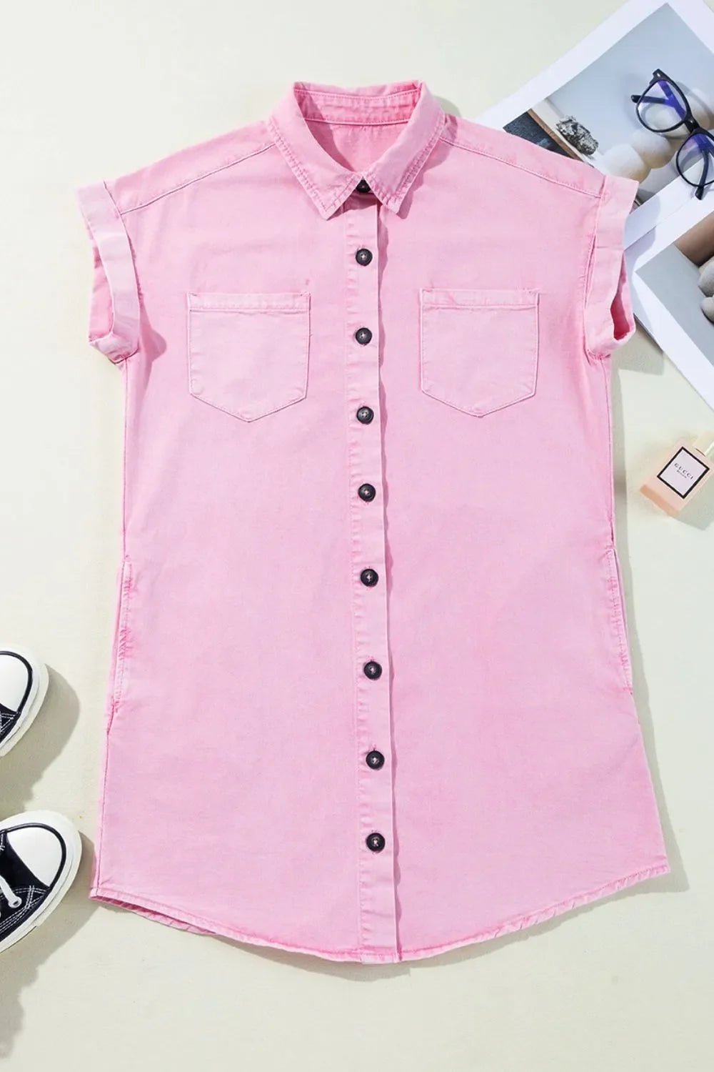 Button Down Short Sleeve Denim Dress – Blush Pink for Shopify Collective (6 view)